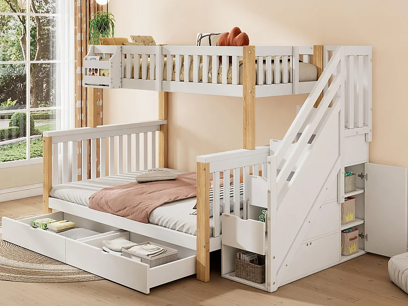 Cama súperpuesta para niños de 90x200 + 140x200 cm - Cama doble - con 2 cajones - con armario escalera - Blanco + natural (colchón no incluido)
