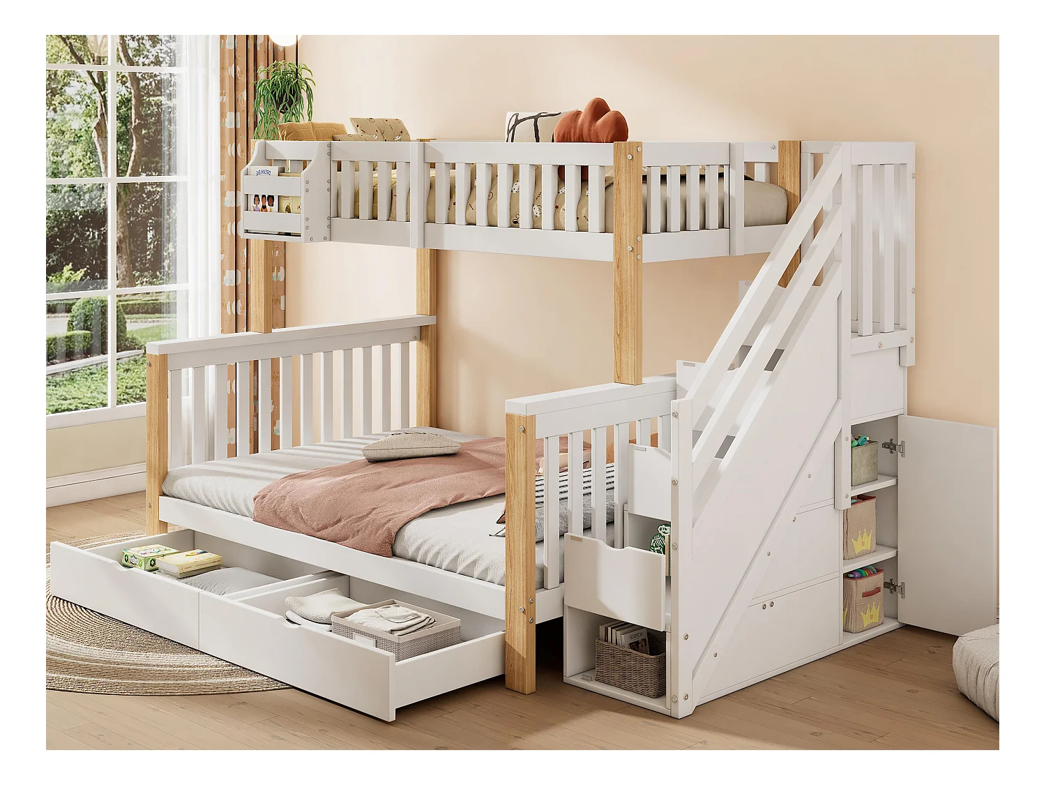 Lit superposé pour enfants 90x200+140x200cm - Lit double - avec 2 tiroirs - avec armoire d'escalier - Blanc + naturel (matelas non inclus)