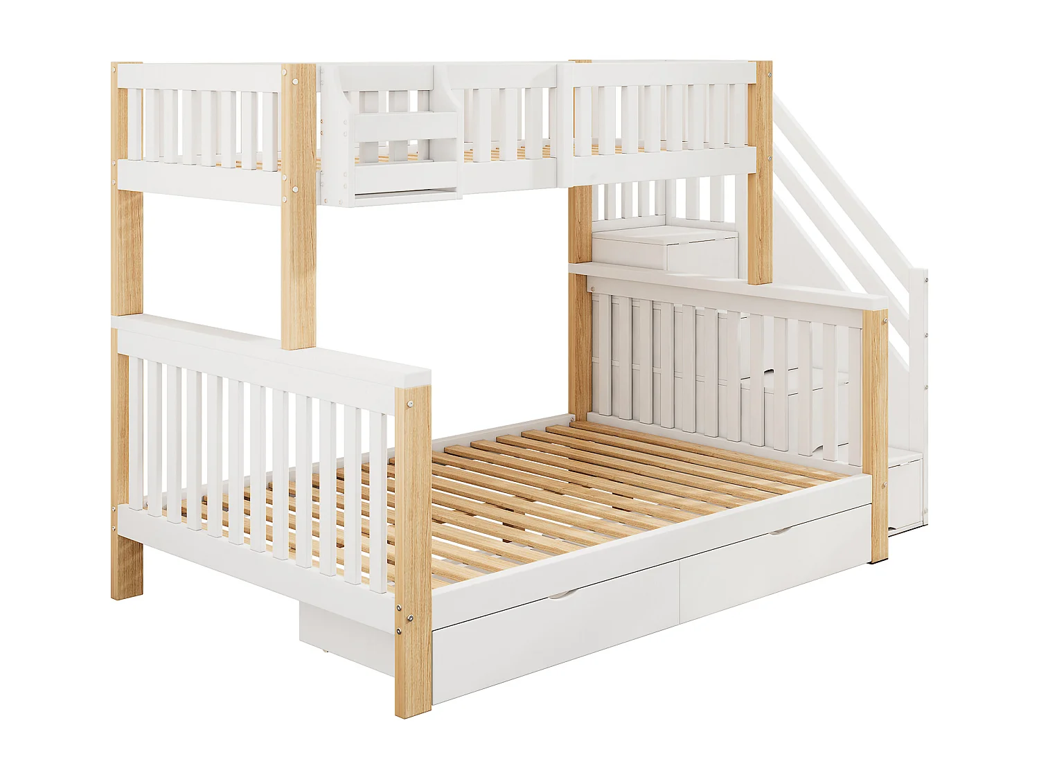Kinderbett-Etagenbett für Kinder 90x200 + 140x200 cm - Doppelbett - mit 2 Schubladen - mit Schranktreppe - weiß + natur (Matratze nicht enthalten)