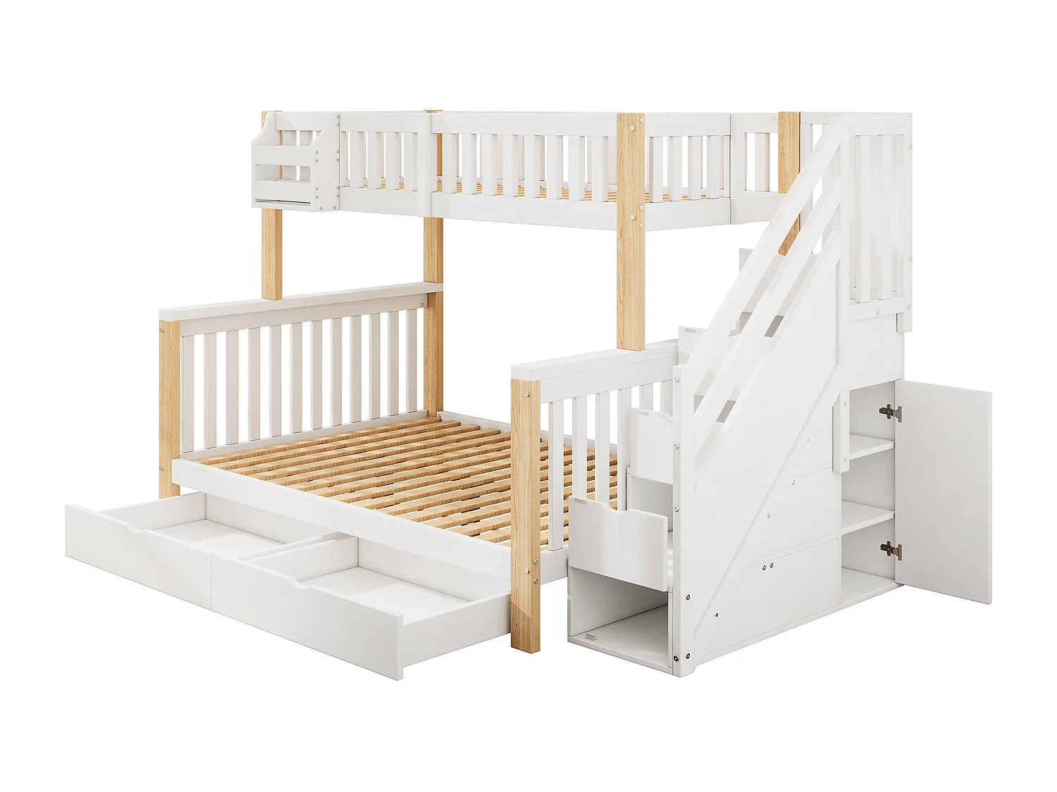 Kinderbett-Etagenbett für Kinder 90x200 + 140x200 cm - Doppelbett - mit 2 Schubladen - mit Schranktreppe - weiß + natur (Matratze nicht enthalten)