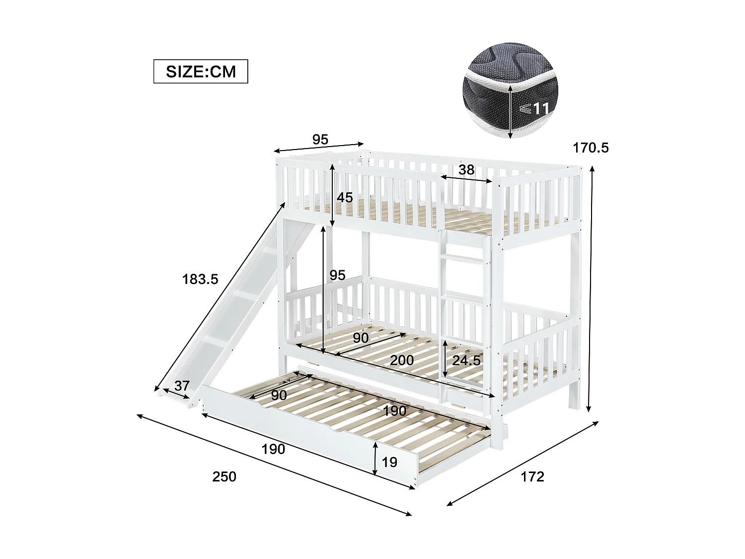 Onderling opvouwbaar kinderbed 90x200/190 cm - met stapelbed - met tobogán en rechte ladder van 4 treden - massief hout + MDF - wit (zonder matras)