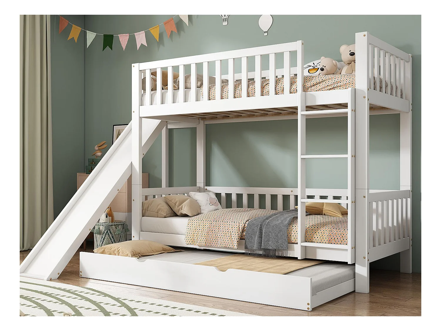 Lit superposé enfant 90x200/190 cm - avec lit gigogne - avec toboggan et échelle droite 4 marches - bois massif + MDF - blanc (sans matelas)