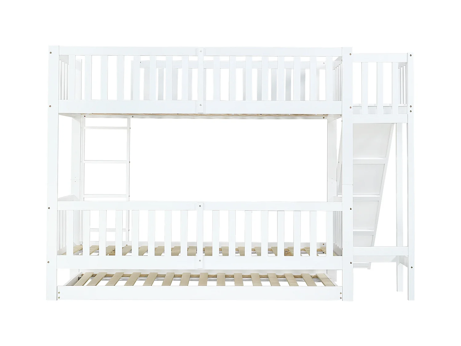 Lit superposé enfant 90x200/190 cm - avec lit gigogne - avec toboggan et échelle droite 4 marches - bois massif + MDF - blanc (sans matelas)