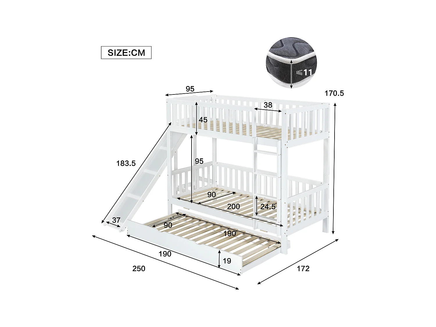 Lit superposé enfant 90x200/190 cm - avec lit gigogne - avec toboggan et échelle droite 4 marches - bois massif + MDF - blanc (sans matelas)