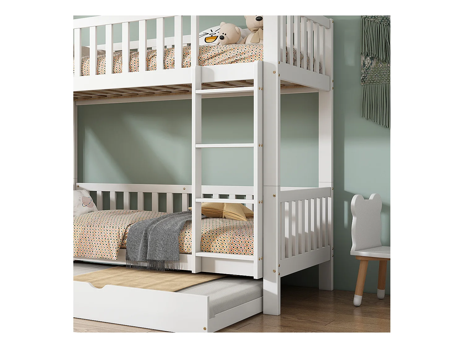 Lit superposé enfant 90x200/190 cm - avec lit gigogne - avec toboggan et échelle droite 4 marches - bois massif + MDF - blanc (sans matelas)