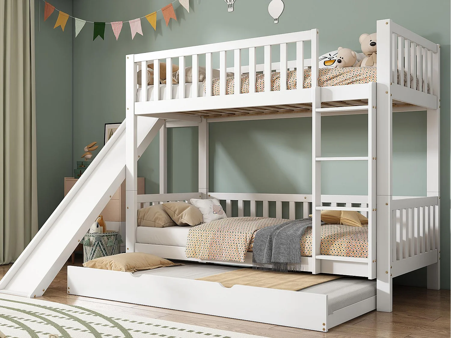 Lit superposé enfant 90x200/190 cm - avec lit gigogne - avec toboggan et échelle droite 4 marches - bois massif + MDF - blanc (sans matelas)
