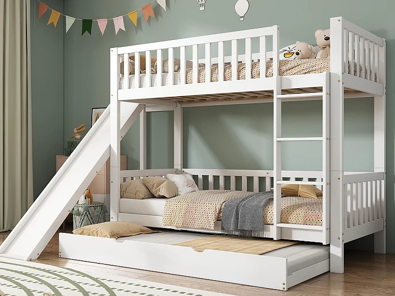 Lit superposé enfant 90x200/190 cm - avec lit gigogne - avec toboggan et échelle droite 4 marches - bois massif + MDF - blanc (sans matelas)