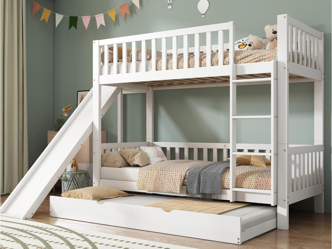Łóżko piętrowe dla dzieci 90x200/190 cm - z łóżkiem wysuwanym - ze zjeżdżalnią i prostą drabiną 4 stopnie - drewno lite + MDF - białe (bez materaca)