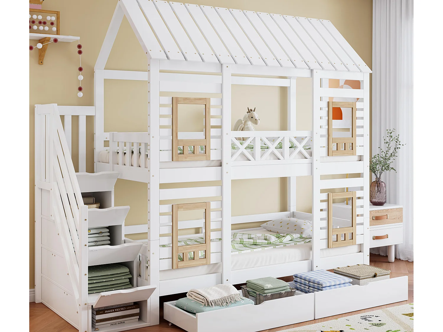 Kinder stapelbed 90×200 cm - met raam - met 2 laden - trap met opbergruimte - massief hout - wit + naturel