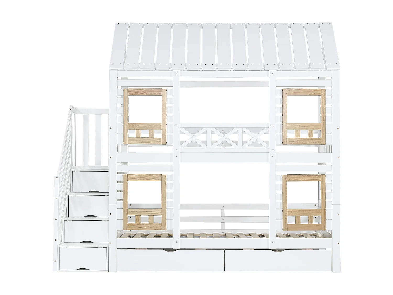 Kinder stapelbed 90×200 cm - met raam - met 2 laden - trap met opbergruimte - massief hout - wit + naturel