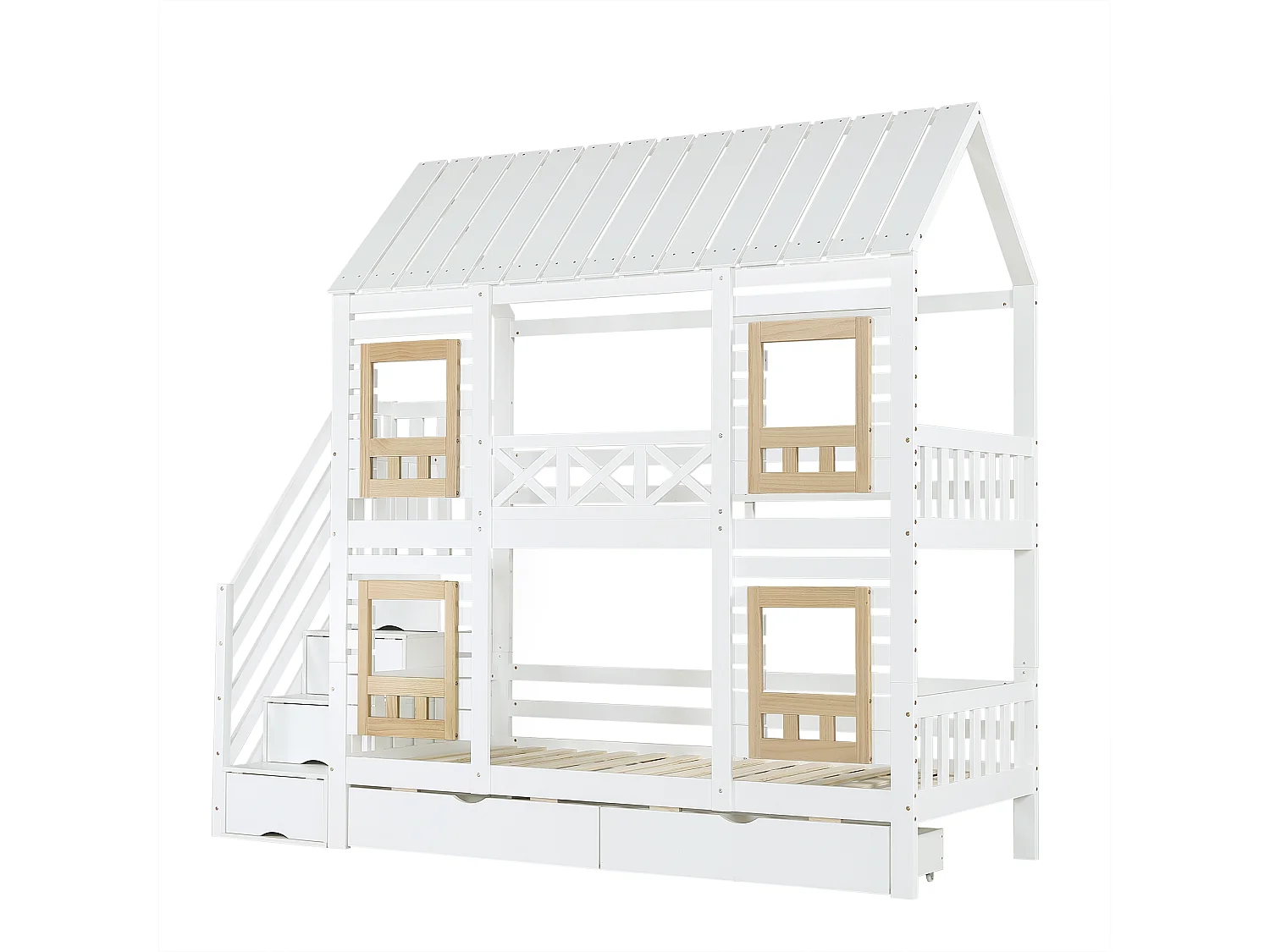 Kinder stapelbed 90×200 cm - met raam - met 2 laden - trap met opbergruimte - massief hout - wit + naturel