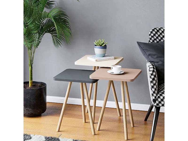 Set de 3 tables d'appoint Hobro carrées trépied blanc / gris / rose [en.casa]