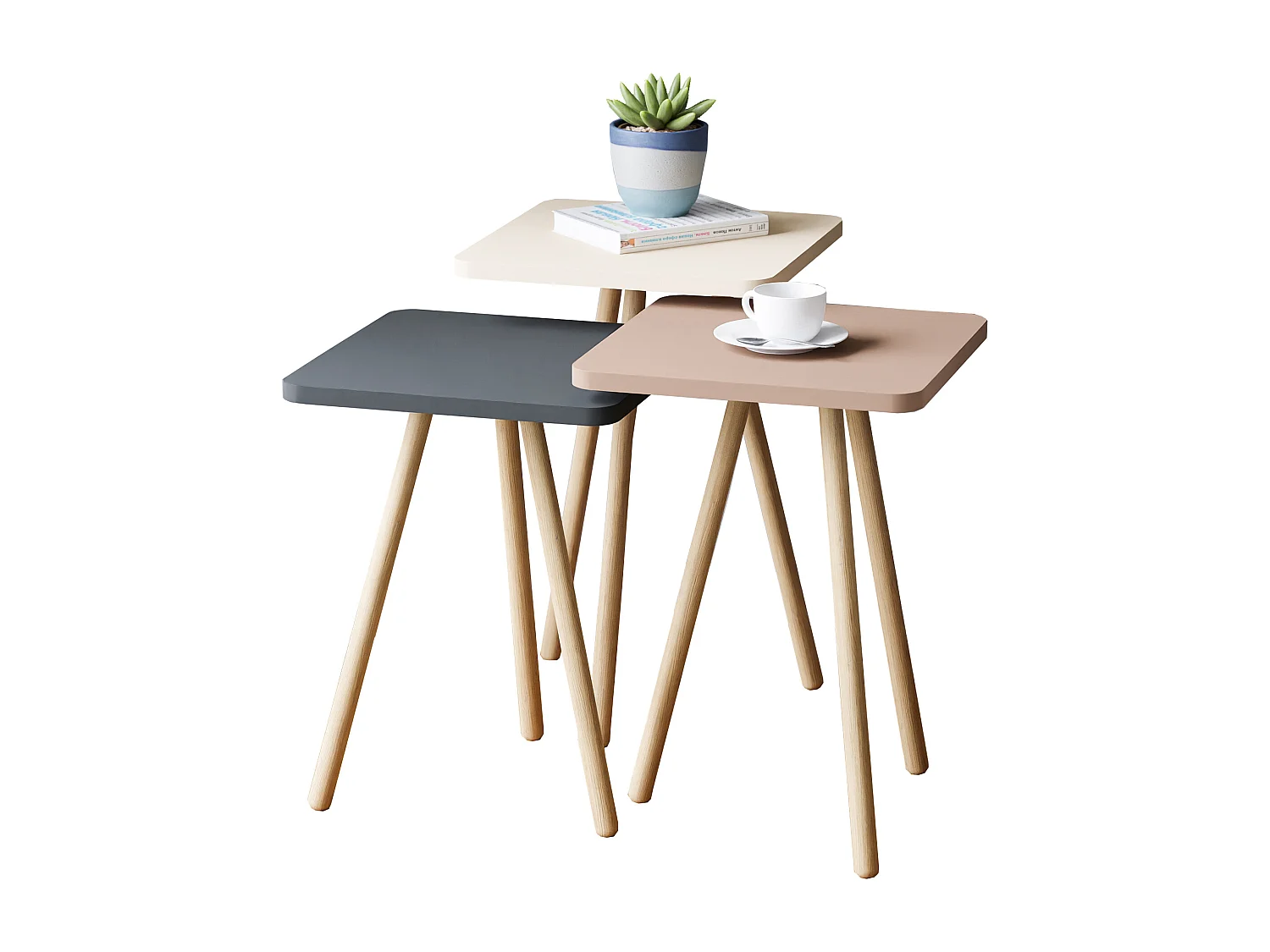 Set de 3 tables d'appoint Hobro carrées trépied blanc / gris / rose [en.casa]