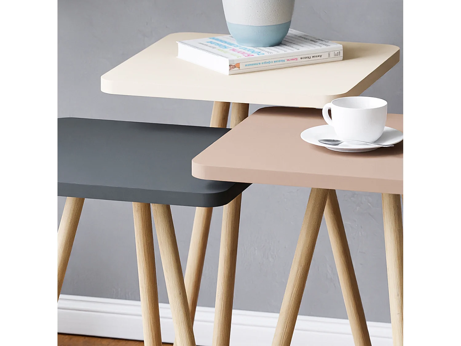 Set de 3 tables d'appoint Hobro carrées trépied blanc / gris / rose [en.casa]