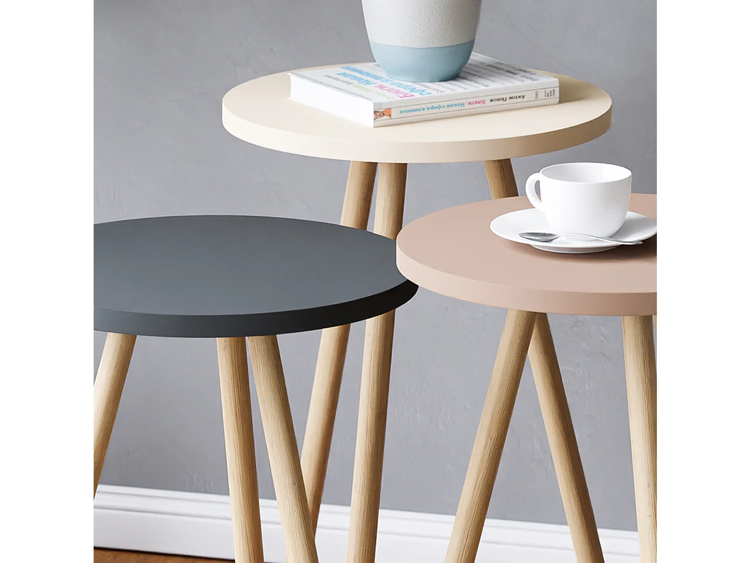 Set de 3 tables d'appoint Hjørring rondes trépied blanc / gris / rose [en.casa]