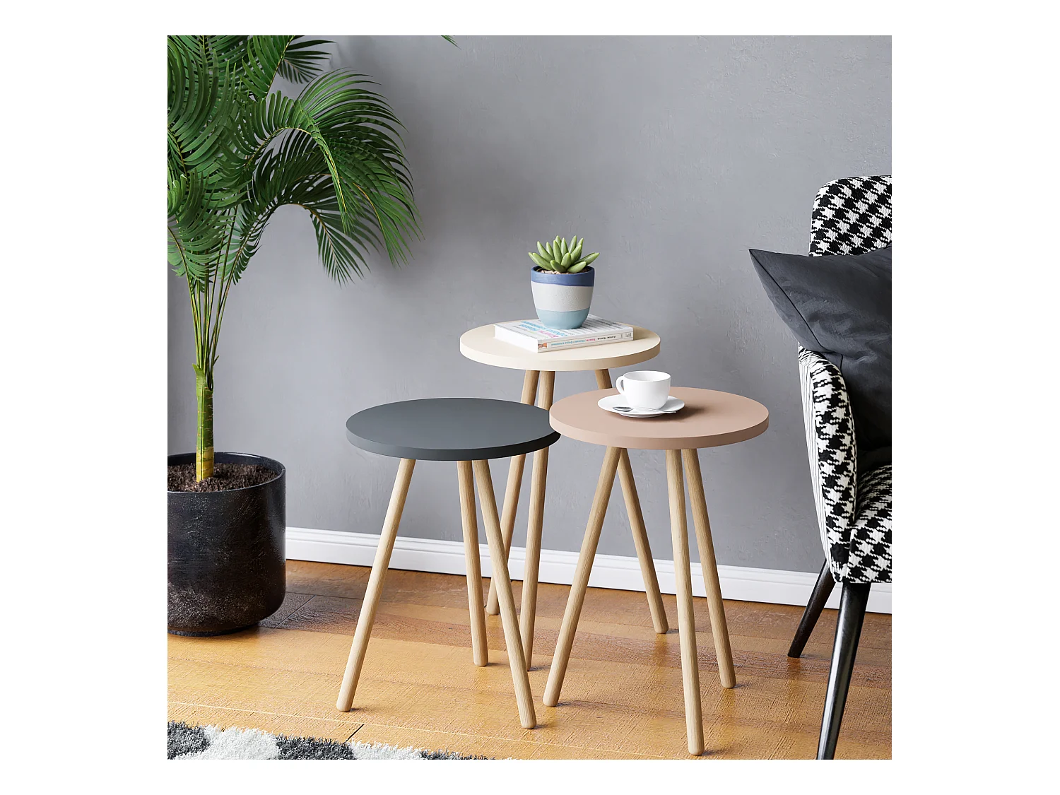 Set de 3 tables d'appoint Hjørring rondes trépied blanc / gris / rose [en.casa]