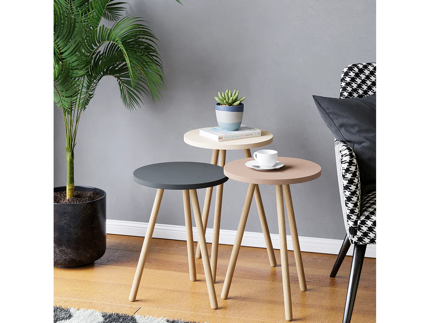 Set de 3 tables d'appoint Hjørring rondes trépied blanc / gris / rose [en.casa]