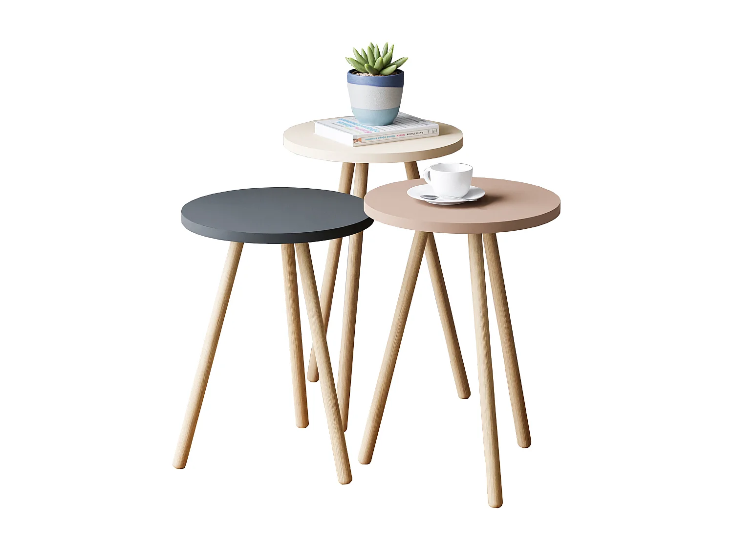 Set de 3 tables d'appoint Hjørring rondes trépied blanc / gris / rose [en.casa]