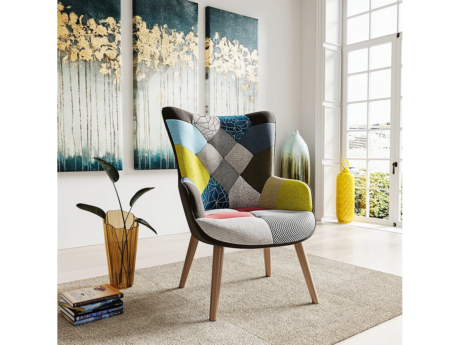 Poltrona Patchwork Memory Foam con Braccioli. Imbottita con Schienale Alto E Piedi in Legno, Design per Ufficio Studio Salotto Soggiorno 76 x 68 x 98 cm Multicolore