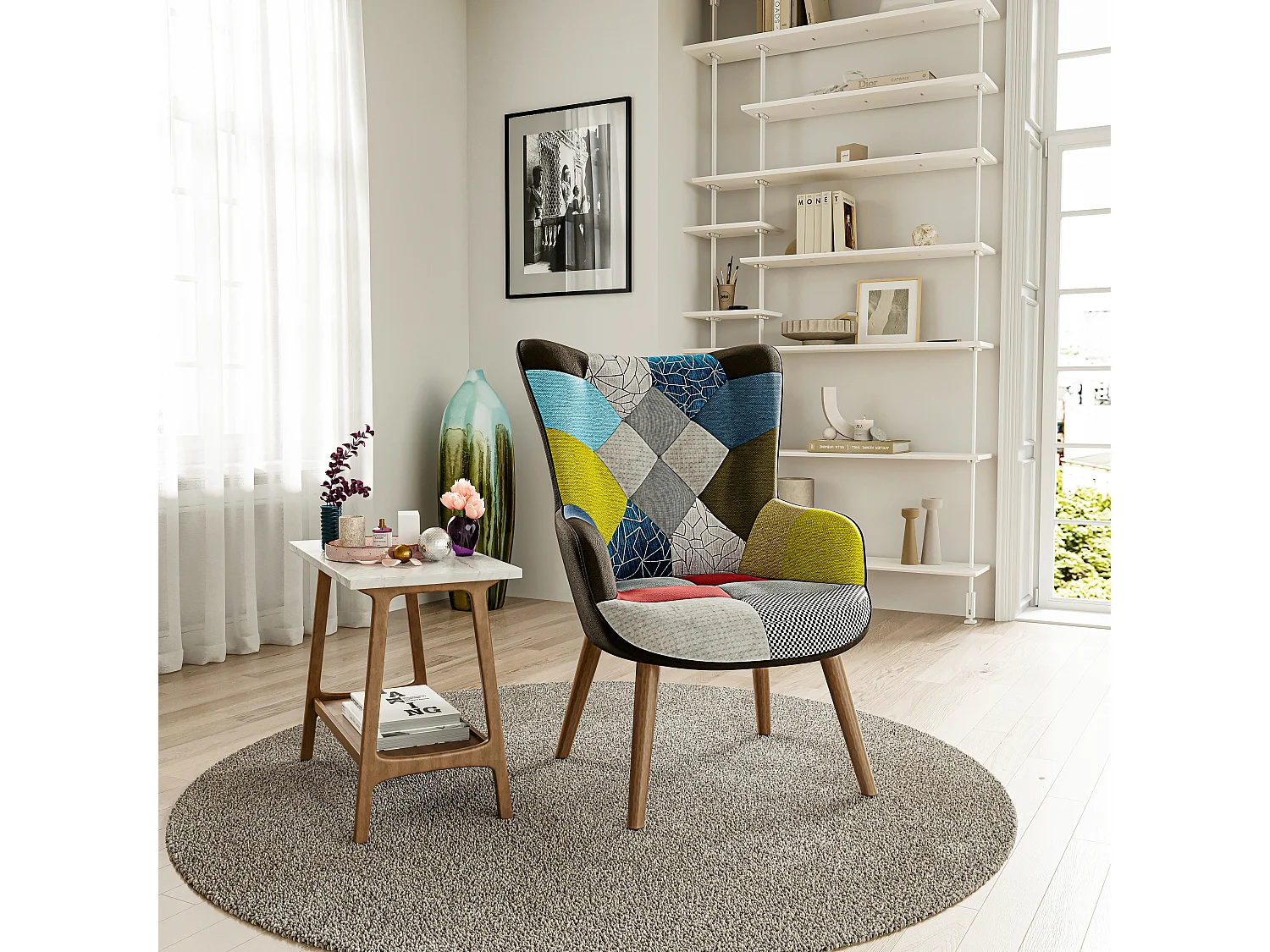 Poltrona Patchwork Memory Foam con Braccioli. Imbottita con Schienale Alto E Piedi in Legno, Design per Ufficio Studio Salotto Soggiorno 76 x 68 x 98 cm Multicolore