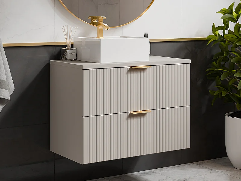 Meuble de salle de bain suspendu strié avec vasque à poser carrée - Beige - 80 cm - ZEVARA