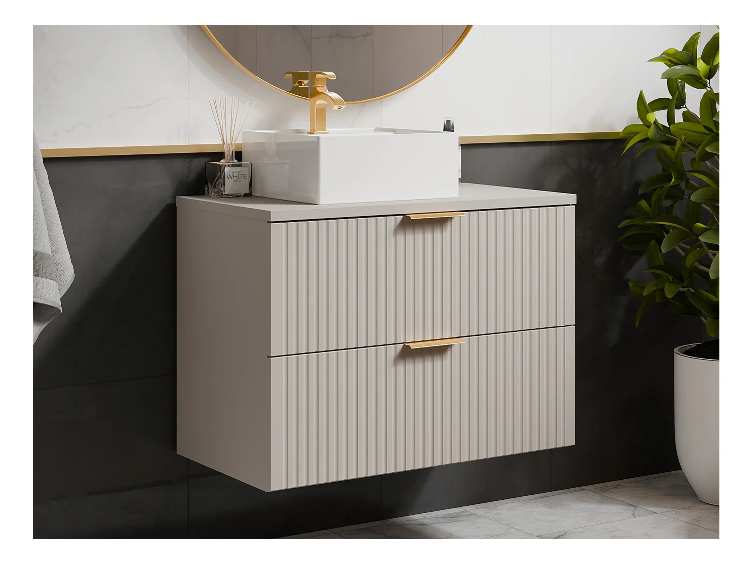 Upphängt räfflat badrumsskåp med fyrkantig bänktvättställ - Beige - 80 cm - ZEVARA