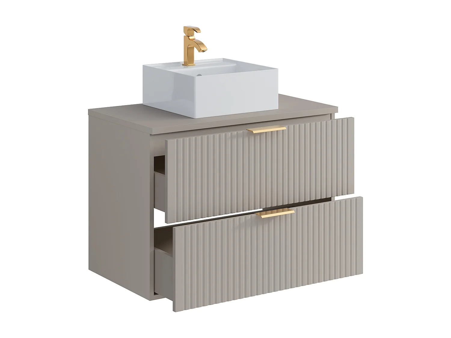 Meuble de salle de bain suspendu strié avec vasque à poser carrée - Beige - 80 cm - ZEVARA
