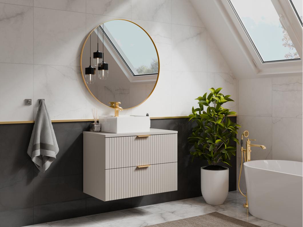 Meuble de salle de bain suspendu strié avec vasque à poser carrée - Beige - 80 cm - ZEVARA