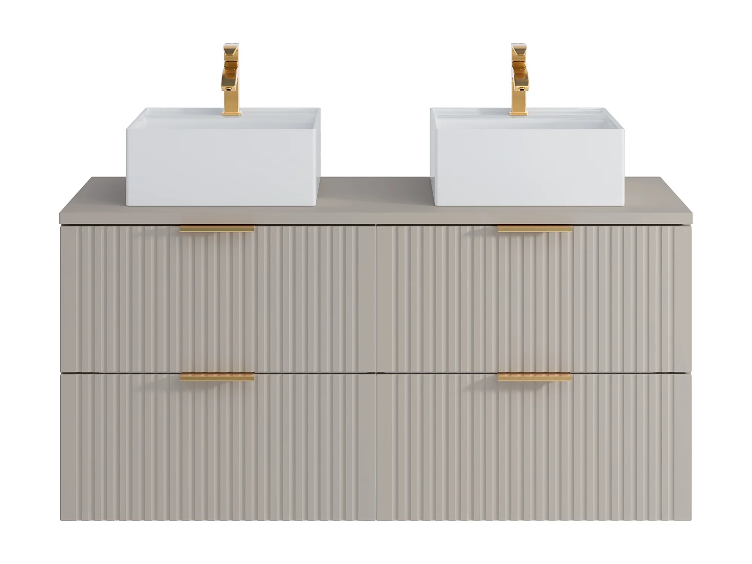 Meuble de salle de bain suspendu strié avec double vasque à poser carrée - Beige - L120 cm - ZEVARA