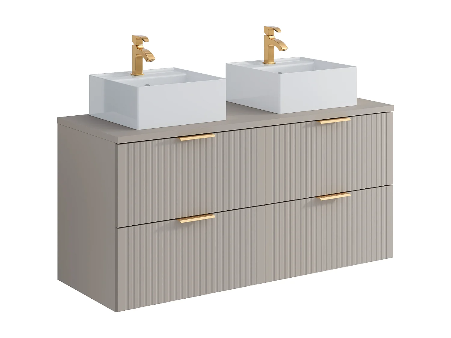 Meuble de salle de bain suspendu strié avec double vasque à poser carrée - Beige - L120 cm - ZEVARA