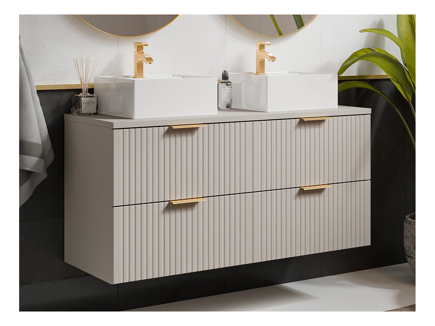 Mueble de baño suspendido con doble lavabo cuadrado sobre encimera - Beige - L120 cm - ZEVARA