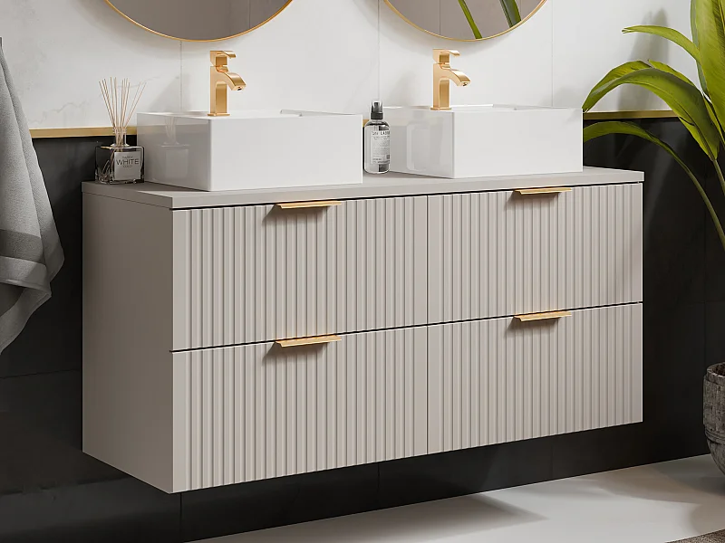Mueble de baño suspendido con doble lavabo cuadrado sobre encimera - Beige - L120 cm - ZEVARA