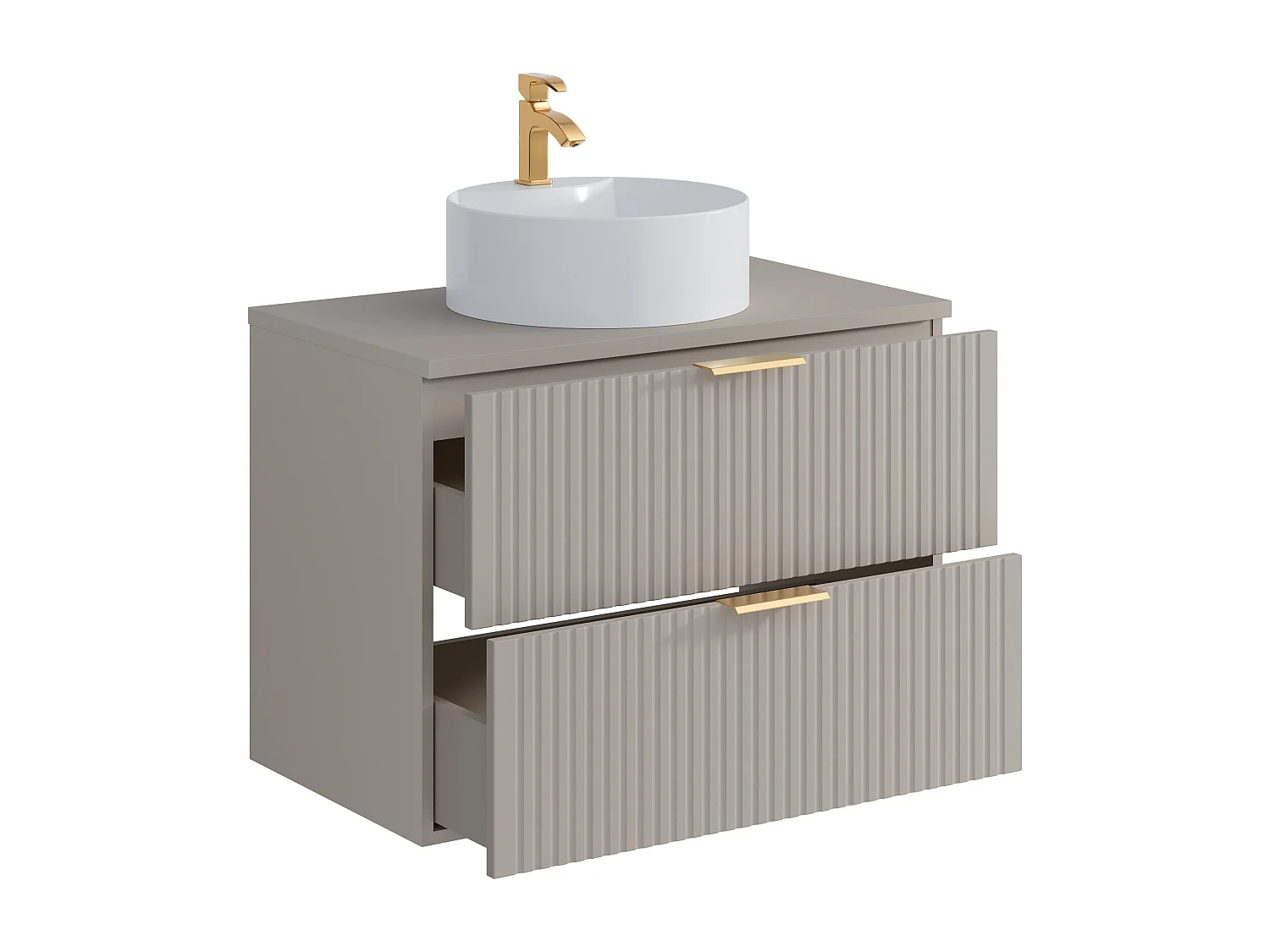Meuble de salle de bain suspendu strié avec vasque à poser ronde - Beige - 80 cm - ZEVARA