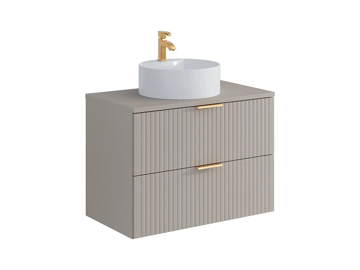 Geribbeld hangmeubel voor badkamer met ronde opbouwwastafel - Beige - 80 cm - ZEVARA