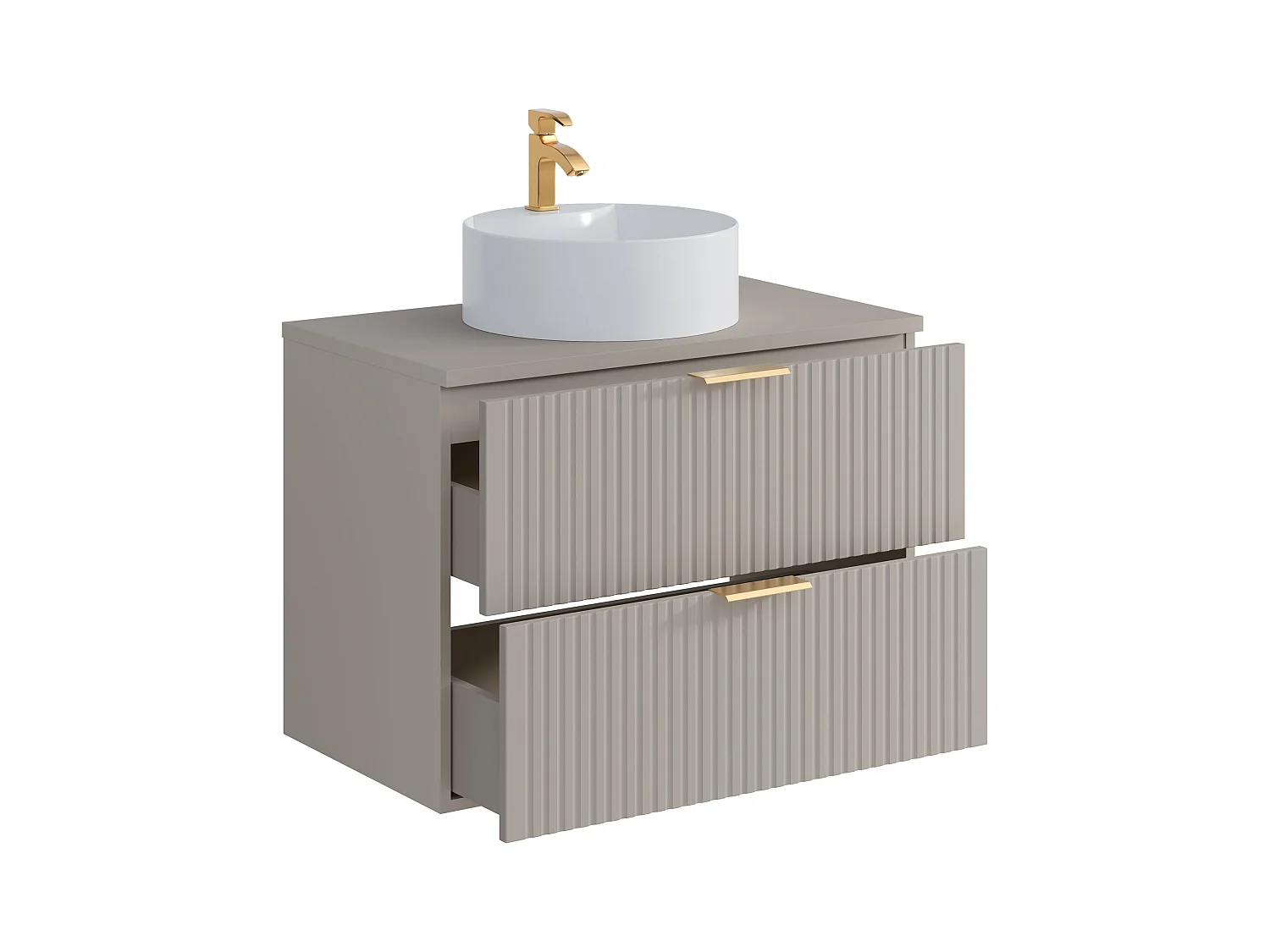 Geribbeld hangmeubel voor badkamer met ronde opbouwwastafel - Beige - 80 cm - ZEVARA