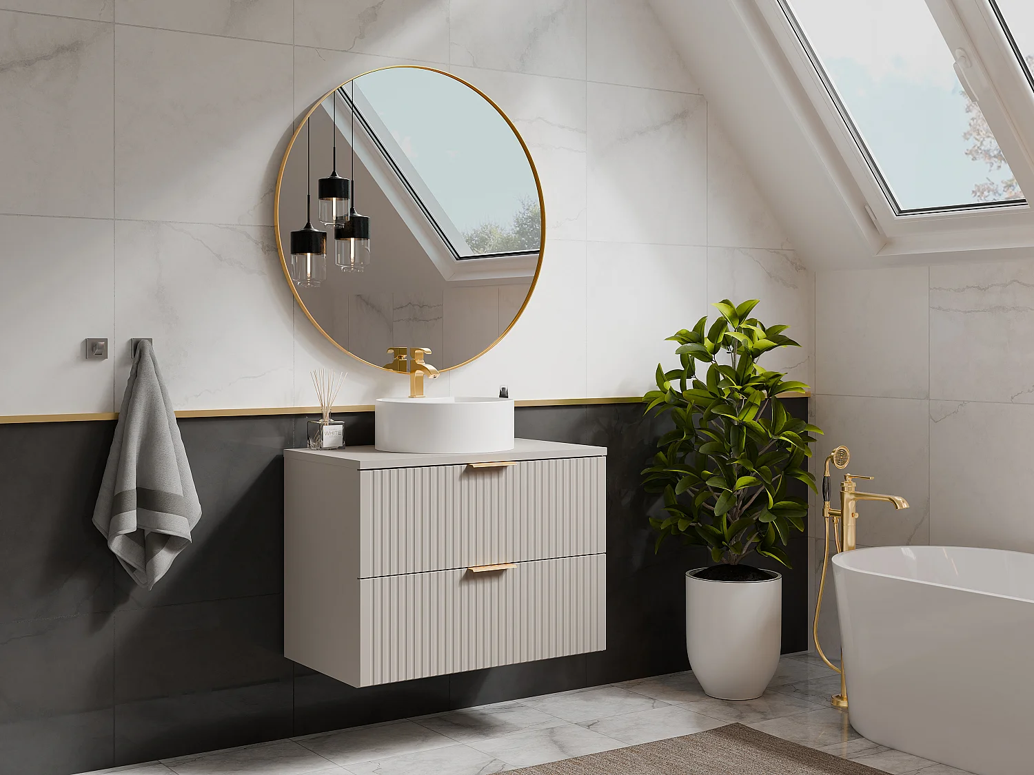Mobile per bagno sospeso con scanalature e lavabo da appoggio tondo 80 cm Beige - ZEVARA