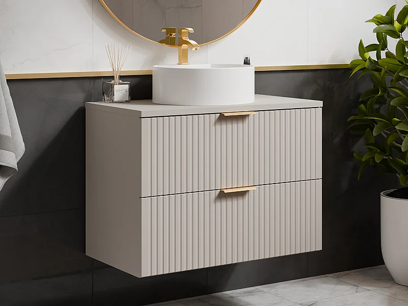 Geribbeld hangmeubel voor badkamer met ronde opbouwwastafel - Beige - 80 cm - ZEVARA