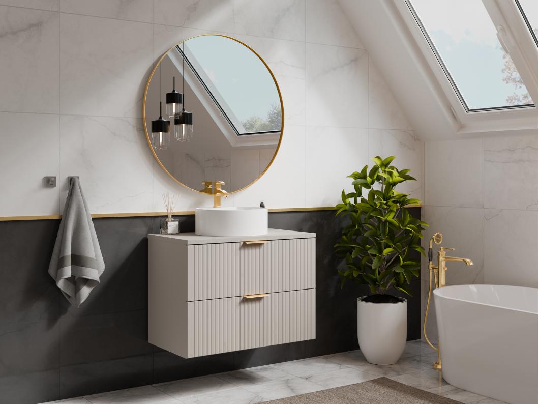 Meuble de salle de bain suspendu strié avec vasque à poser ronde - Beige - 80 cm - ZEVARA