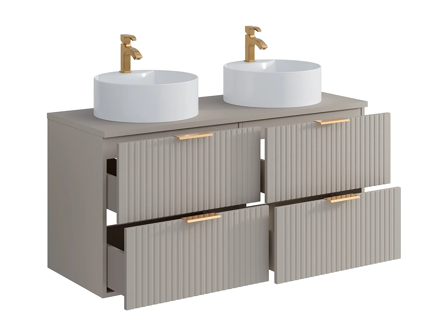 Mobile per bagno sospeso con scanalature e lavabo doppio da appoggio tondo L120 cm Beige - ZEVARA