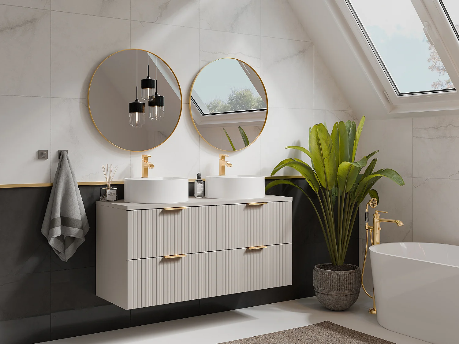 Meuble de salle de bain suspendu strié avec double vasque à poser ronde - Beige - L120 cm - ZEVARA