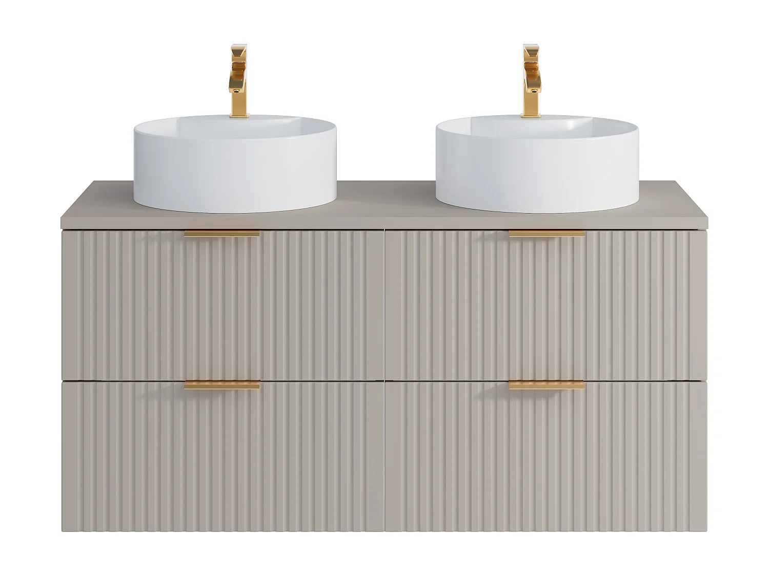 Mobile per bagno sospeso con scanalature e lavabo doppio da appoggio tondo L120 cm Beige - ZEVARA