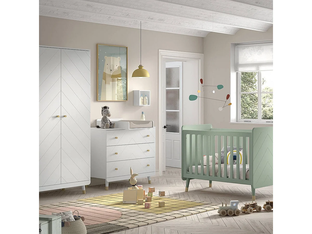 TINY WHITE - Chambre avec lit bébé vert + table à langer + Armoire 2 Portes