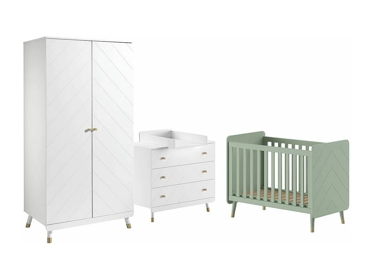 TINY WHITE - Chambre avec lit bébé vert + table à langer + Armoire 2 Portes