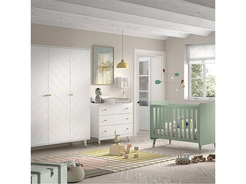 TINY WHITE - Chambre avec lit bébé vert + table à langer + Armoire 3 Portes