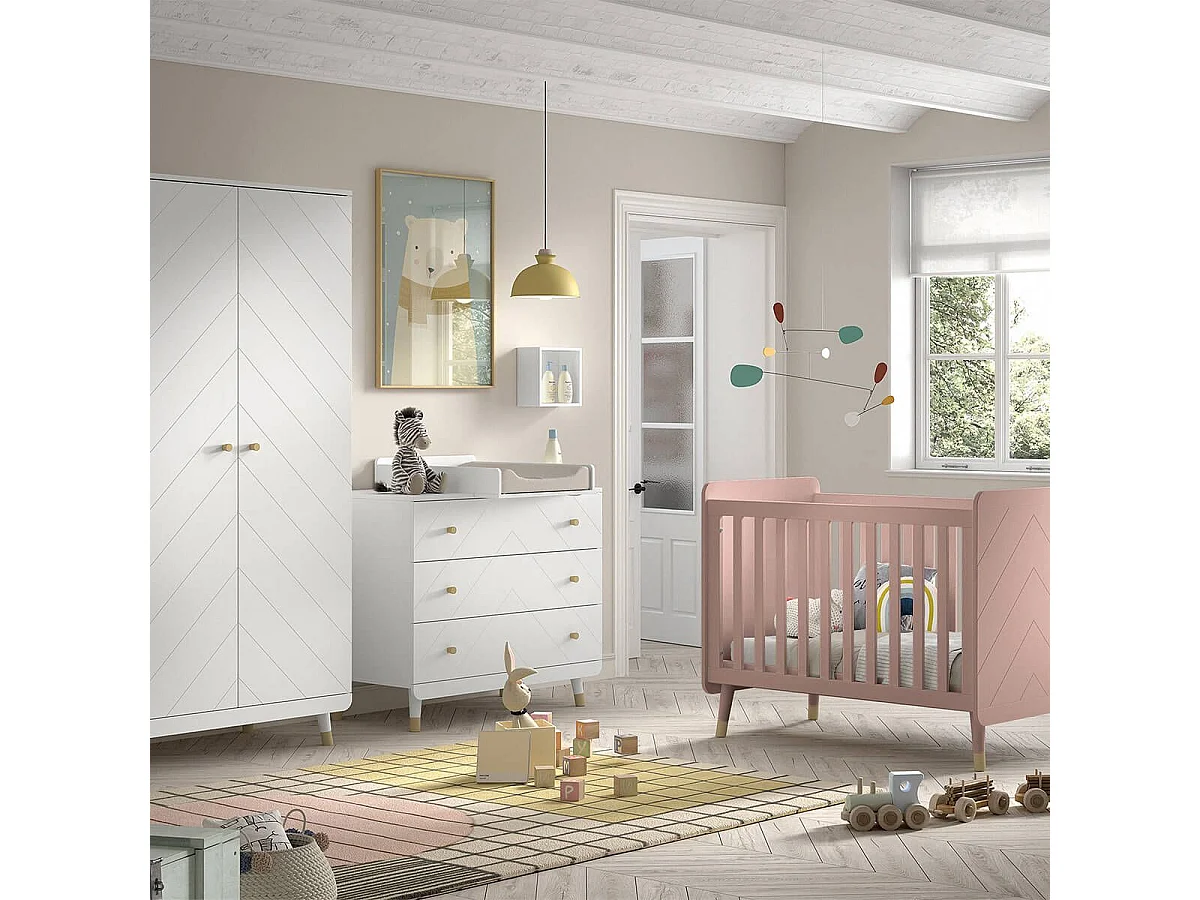 TINY WHITE - Chambre avec lit bébé rose + table à langer + Armoire 2 Portes