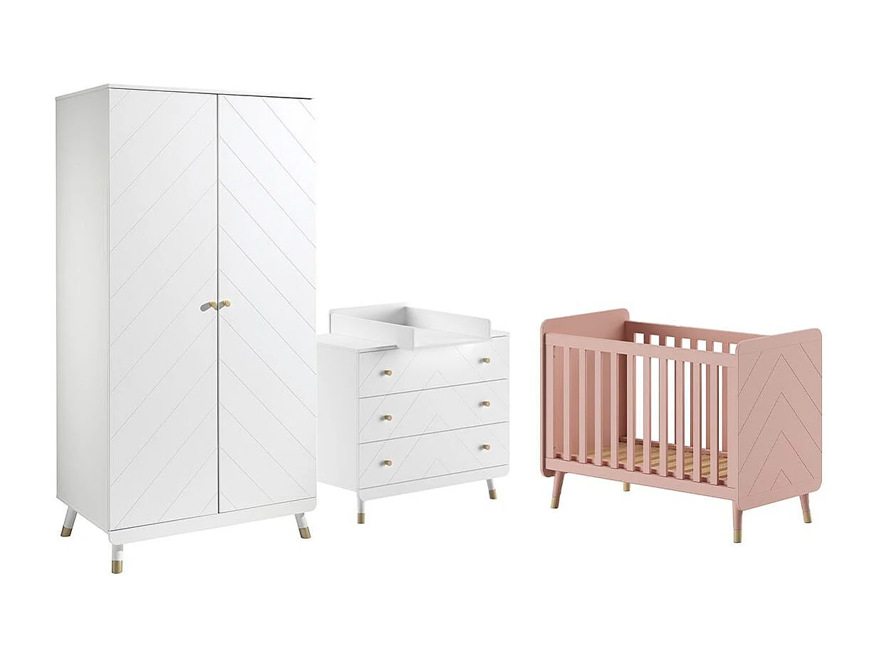 TINY WHITE - Chambre avec lit bébé rose + table à langer + Armoire 2 Portes