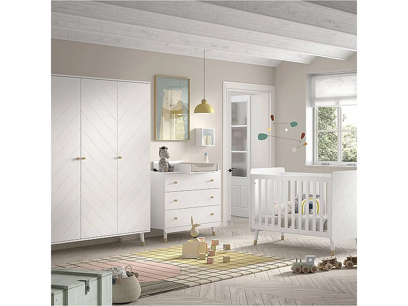 TINY WHITE - Chambre avec lit bébé blanc + table à langer + Armoire 3 Portes