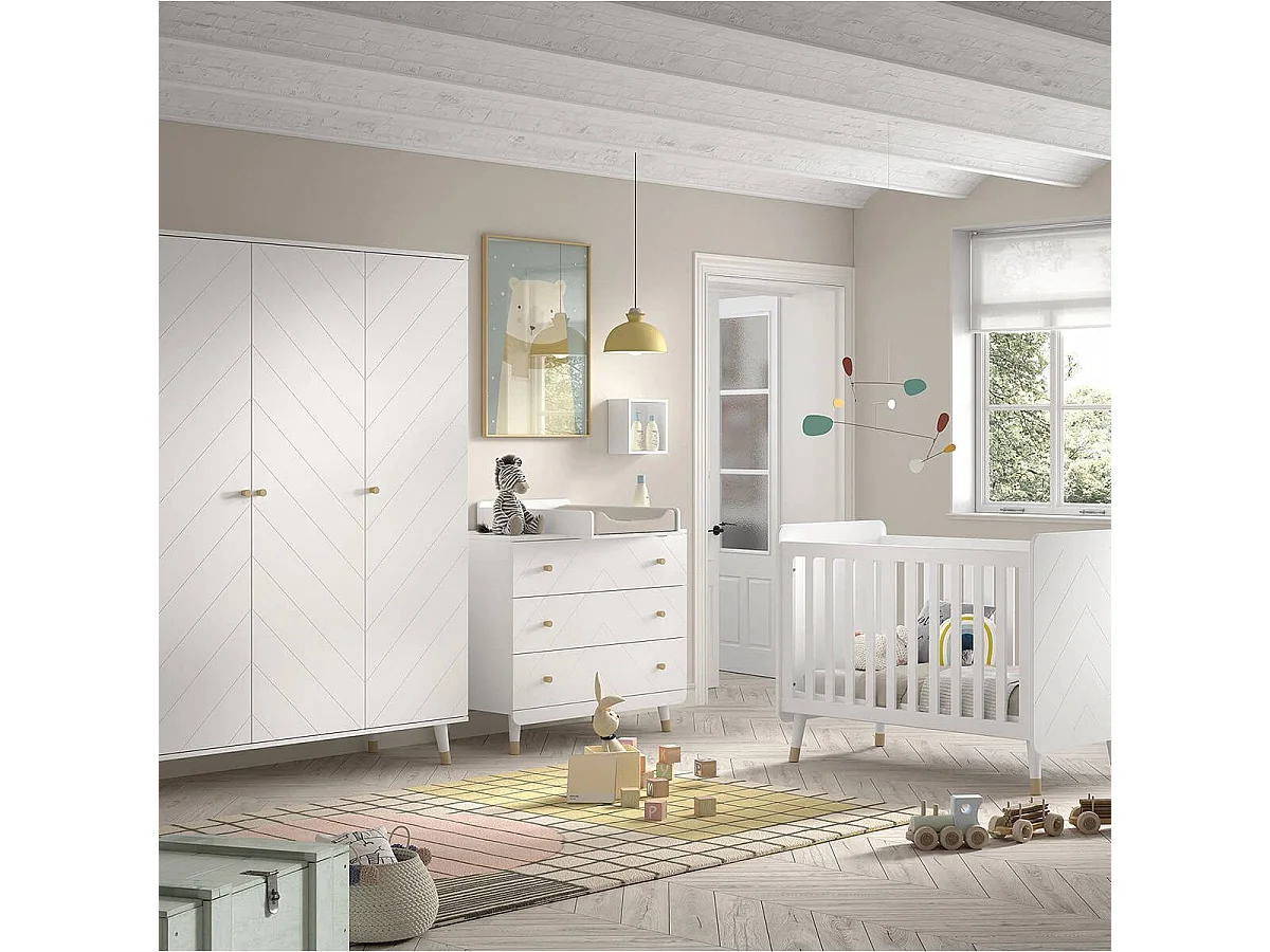 TINY WHITE - Chambre avec lit bébé blanc + table à langer + Armoire 3 Portes