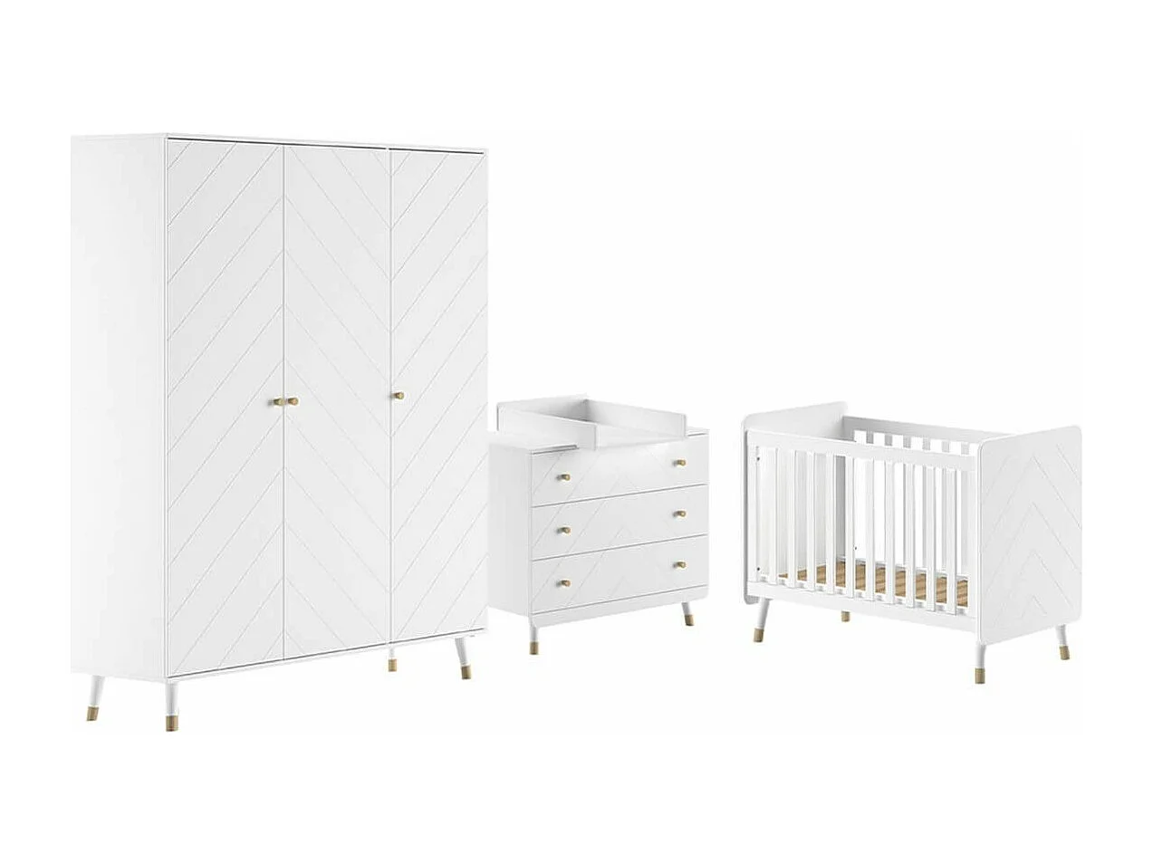 TINY WHITE - Chambre avec lit bébé blanc + table à langer + Armoire 3 Portes