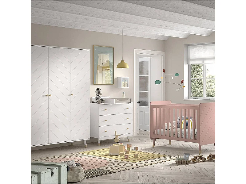 TINY WHITE - Chambre avec lit bébé rose + table à langer + Armoire 3 Portes